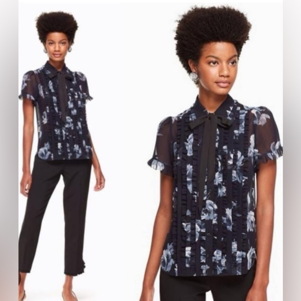 Kate Spade navy floral blouse with tie XS VGUC
